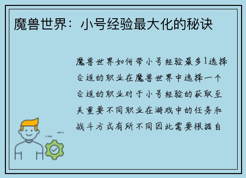 魔兽世界：小号经验最大化的秘诀